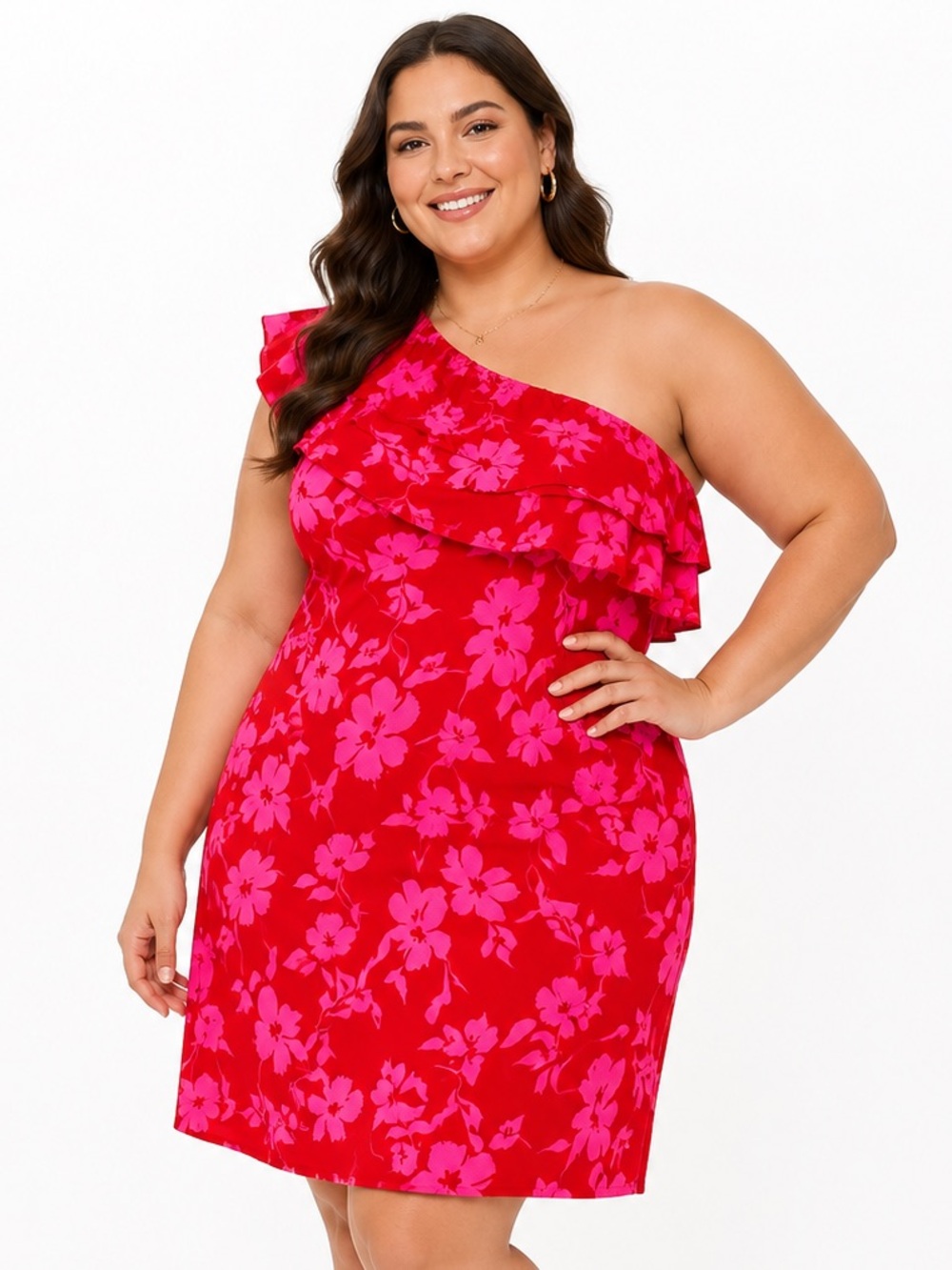 Pink Red Floral One Shoulder Ruffle Vacation Dress 1XL